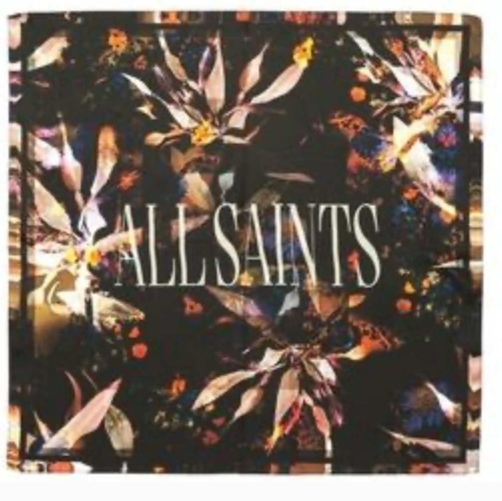 AllSaints Large Black Abstract Floral Logo Square Scarf